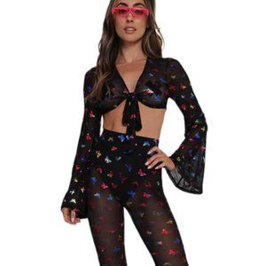 iHeartRaves Butterfly Mesh Bell Bottoms / High Waisted Bottoms